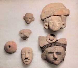 Ancient Lot Of 6 Pre Colombian Mayan Aztec Pottery Head Faces Artifacts Relics 