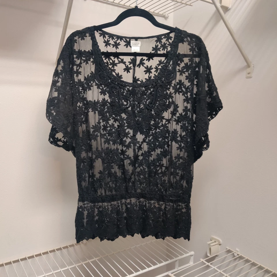 Charming Charlie Top Pullover Black Embroidered Shear Black Timeless Sz L - Image 1 of 4