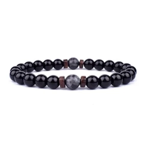 BRACELET HOMME TIBÉTAIN BOUDDHA CHAKRA PERLES NOIRES 8MM POIGNET 165-210MM - Foto 1 di 3