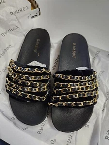 Sandalia de terciopelo deslizante de cuero sintético color dorado y negro para mujer talla 5 bambú - Imagen 1 de 9