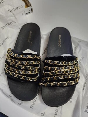 Mujer Talla 5 Bambú Acogedora-03S Terciopelo Slide Sandalia Piel Sintética Color Dorado y Negro Foto 1 de 4