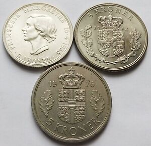 3 Denmark coins, 1958 Silver 2 Kroner + 1964 Silver 5 Kroner + 1976 CN 5 Kroner