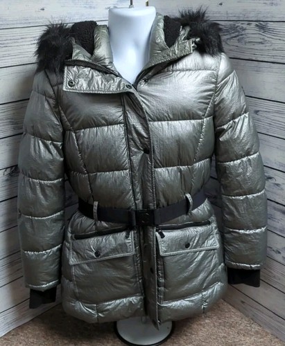 Michael Kors con cintura pelliccia sintetica orlo cappuccio puffer giacca cappotto pistola metallo medio 12