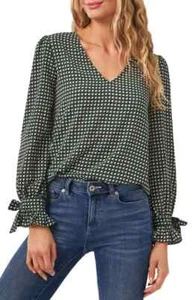 Cece Top Womens Size XS Tie Sleeve V Neck Green Geometric Printed Blouse NWT - Picture 1 of 11