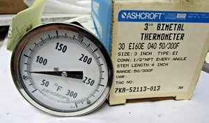 ✌️NEW ASHCROFT 3" BIMETAL THERMOMETER 1/2" MNPT STEM 4" LONG 30EI60E04050/300F - Picture 1 of 4