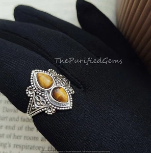 Anillo Boho Natural Ojo de Tigre 925 Esterlina Chapado 2 Piedras Preciosas Regalo para Amor - Imagen 1 de 6