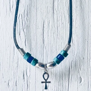 Ankh Egyptian Cross Blue Stone Beads Rope Choker Gift For Guy - Picture 1 of 4
