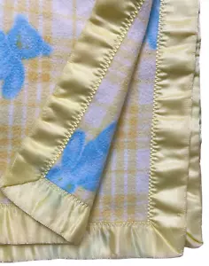 Vintage doppelseitige blaue Bären Babydecke mit Satinbesatz gelb Fleece 29x38 - Bild 1 von 3