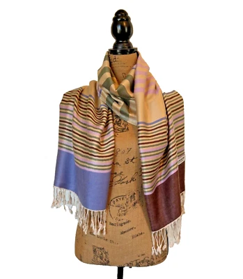 Pashmina Cachemira Rayas ENVOLTURA Bufanda Azul Marrón Verde Multicolor 74" x 26" LEER Foto 1 de 4