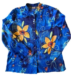 Chicos Additions Women's Top Blouse Size Large Sheer Blue Floral Bohemian - Picture 1 of 12