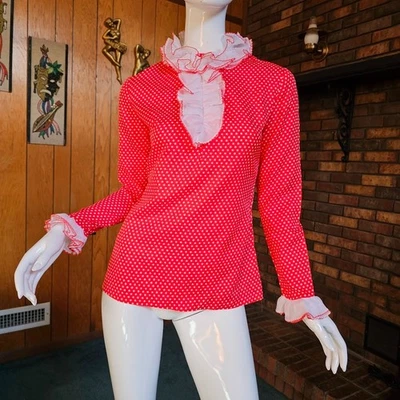 Vtg 1960s British Invasion Mod Ruffle Tuxedo Polka Dot Go Go Blouse Top Shirt M - Image 1 of 4
