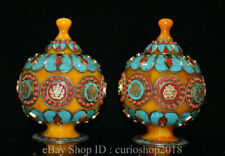 6.8"Old Tibet Silver Beeswax inlay turquoise Gem eight treasures Crock Pot Pair