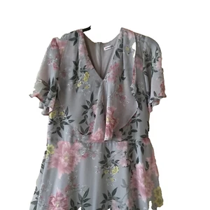 Damart Ladies 16 Light Grey Mix Floral V Neck Short Sleeve A Line Long Dress - Picture 1 of 7