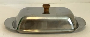 Stainless Steel Butter Dish Dolphin Mid-century Modern Wood Handle 18-8 Japan - Picture 1 of 9