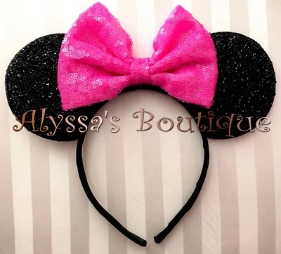 NUEVA Diadema Orejas Minnie Mouse Negro Brillante Algodón Caramelo Rosa Lentejuelas Lazo FIESTA Foto 1 de 2
