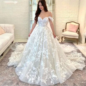Princess Boho Off Shoulder Wedding Dress Sweetheart Lace Applique Ball GownBride - Picture 1 of 9