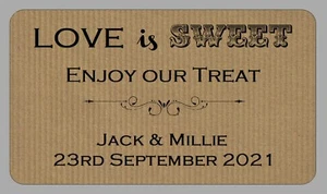 Brown Love is Sweet Wedding Favour Labels Personalised Enjoy Our Treat Stickers - Picture 1 of 1