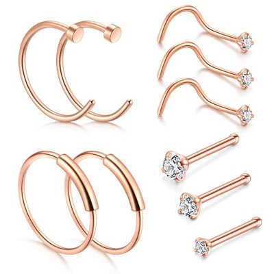 10 PIEZAS Acero Quirúrgico Oro Rosa Aro Nariz Anillo Nariz Tornillo Hueso Tachuelas Piercing Foto 1 de 4