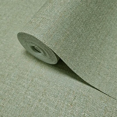 Olive sage green faux woven thread sackcloth fabric textured modern Wallpaper - Image 1 of 4