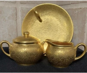 Pickard Vintage Rose & Daisy Gold Encrusted Creamer & Sugar Bowl, Plate - Picture 1 of 7