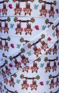 5 Yards 7/8" MONKEY TWO LITTLE MONKEYS HANGING FROM A VINE GROSGRAIN RIBBON - Picture 1 of 1