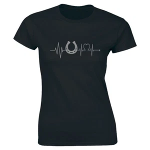 Horse Heartbeat Tshirt Heart Horseshoe Riding Pony Funny BirthdayTee Women Shirt - Picture 1 of 4