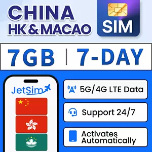 China HK & Macao SIM Card -7GB High-Speed, 7 Day JetSim/Travel SIM - Picture 1 of 6