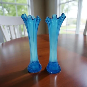 Vintage Pair of Rare Jefferson Glass 12.25" Swung Vase Wide Rib in Celeste Blue - Picture 1 of 8