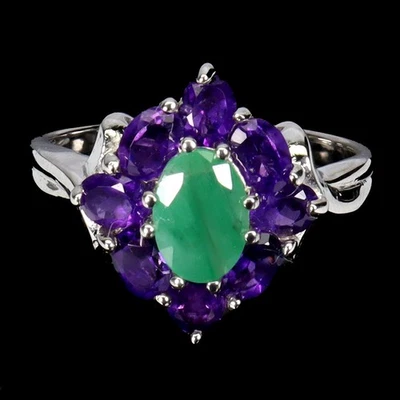 925 Sterling Silver Ring Oval Emerald 7x5mm Amethyst Gemstone Jewelry Size 7 - Image 1 of 4