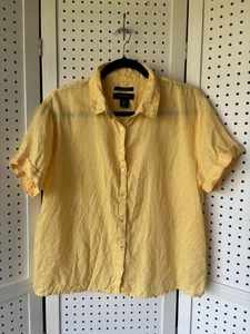 Tahari Short Sleeve 100% Linen Button Down Shirt Blouse Women's Medium YELLOW - Picture 1 of 6