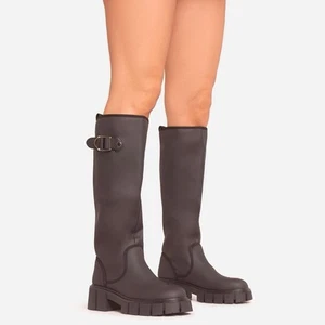 Ego Una Buckle Detail Chunky Sole Knee High Long Wellington Boot Black Rubber 7 - Picture 1 of 2