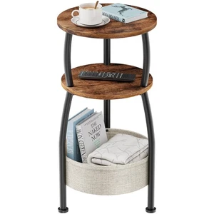 Round Side Table for Small Spaces with Storage Basket –Small End Table 3-Tier... - Picture 1 of 9