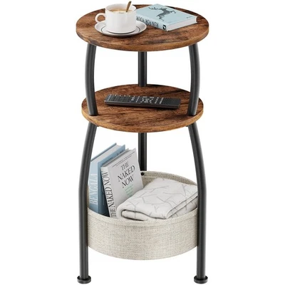 Round Side Table for Small Spaces with Storage Basket –Small End Table 3-Tier... - Image 1 of 4