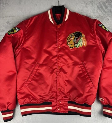 Мужская винтажная атласная куртка Starter среднего размера НХЛ Chicago Blackhawks на застежках - Изображение 1 из 4