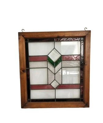 Antique Stained And Leaded Glass Geometric Framed Window Panel 21"x 23" - Image 1 of 4