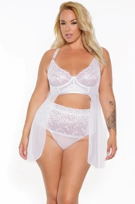 Coquette Queen High Waist Open Front Babydoll & Thong White - Image 1 of 4