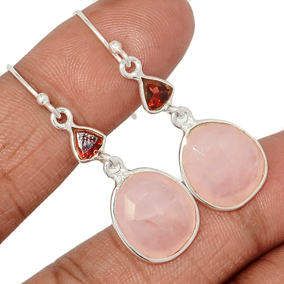 Pendientes de cuarzo rosa natural - Madagascar y granate de plata 925 joyería CE42766 Foto 1 de 1