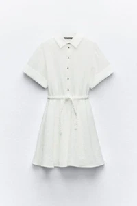 VESTIDO CAMISERO CINTURÓN TEJIDO ZARA MUJER Blanco Talla L Nuevo - Imagen 1 de 9