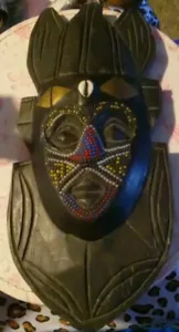 African Mask Ashanti Wood Brass Beaded Mask Beautiful Colors And Design NICE - Picture 1 of 10