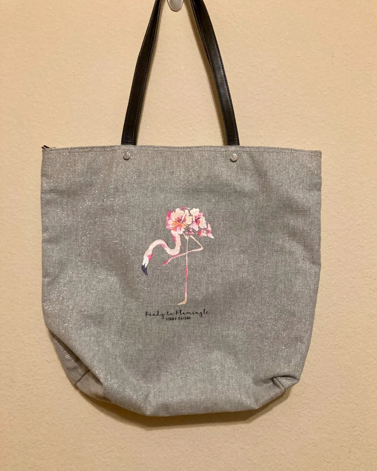 Tommy Bahama Silver Tote Bag Purse Pink Flamingo Ready to Flamingle Zip Closure - Image 1 of 4