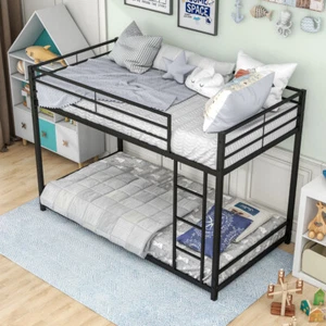 Twin Over Twin Low Bunk Bed Frame Metal Platform Bed w/ Safety Guardrails&Ladder - Picture 1 of 8