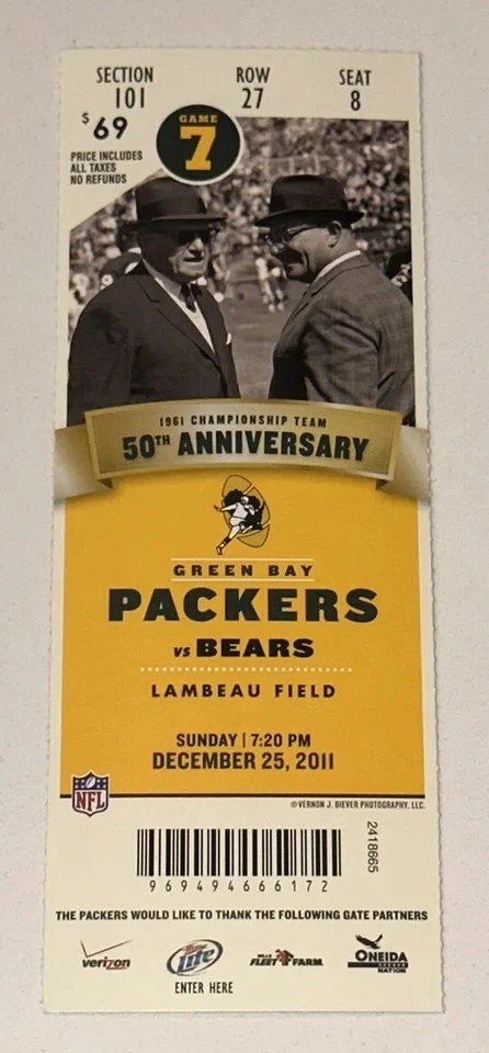  Aaron Rodgers RECORD 12/25/11 Chicago Bears Green Bay Packers NFL Ticket Stub - Image 1 of 2