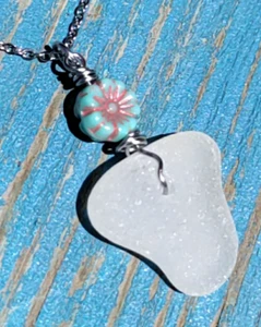 Genuine Sea Glass Necklace Aloha Hawaiian Mom Wife Sister Czech Blue Flower - Picture 1 of 6