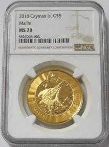 2018 GOLD CAYMAN ISLANDS 1oz MARLIN $5 COIN NGC MINT STATE 70 - Picture 1 of 2