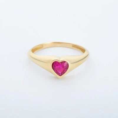 14k Solid Gold Lab-Created Ruby Heart Love Statement Ring Women All Ring Sizes - Image 1 of 4