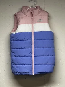 Puma Girls Vest Quilted Puff Top Zip Front Logo Pink White Blue M 10/12 Medium - Picture 1 of 3