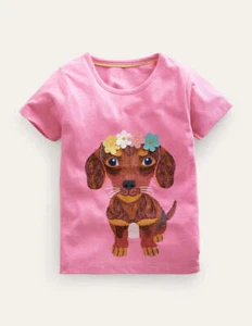 Mini Boden Girl's Short Sleeve Superstitch Logo T-Shirt in Cameo Pink Puppy - Picture 1 of 3