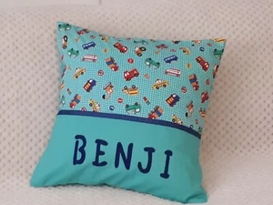 CHILDS / BOYS / PERSONALISED NAME CUSHION COVER / KINDY PILLOW - Vehicles - - Picture 1 of 4