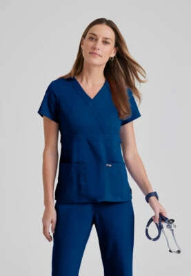 Grey's Anatomy Women's Sz Small 3-Pocket Mock Wrap V-Neck Scrub Top Blue Indigo - Image 1 of 4