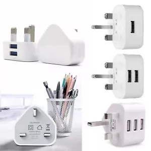 UK 3 Pin Dual USB Plug Adapter Mains Wall Charger 1 2 3 Port For Phones Tablets - Picture 1 of 15